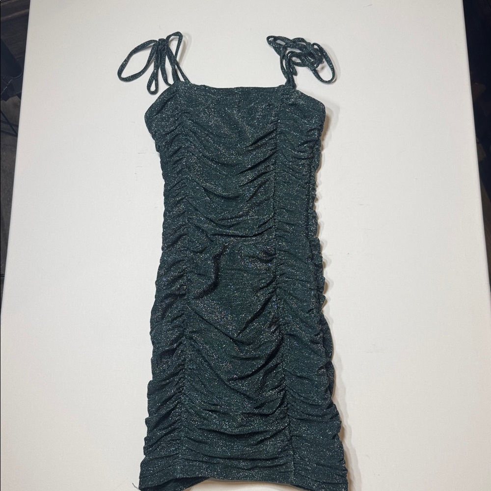 Jump Shimmering Green Ruched Mini Dress- Worn Once
